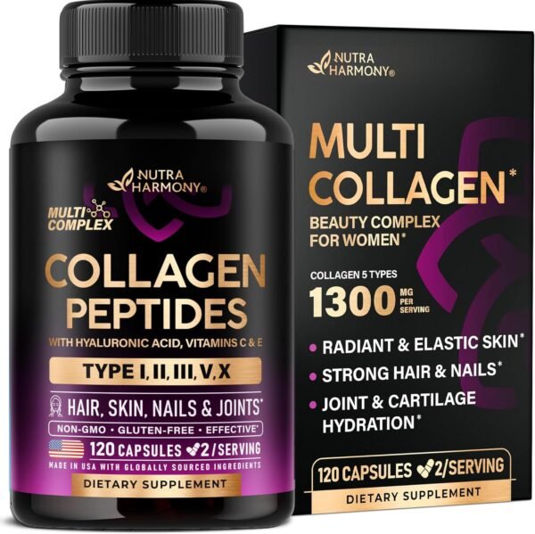 81qO3wYGmL._AC_SL1500_.jpg Multi Collagen Peptides - Hydrolyzed Types I, II, III, V & X - Collagen Supplement for Women 1300mg - w/ Hyaluronic Acid, Vitamins C & E - Skin, Hair, Nails & Joint Support - Made in USA, 120 Capsules