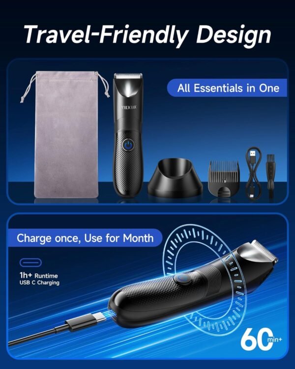 VIKICON Manscape Trimmer for Men - No Nicks Electric Razor-Shaver for Balls/Pubic/Groin/Legs/Chest Hair Removal w/Light & Ceramic Blade, IPX7 Waterproof Body Groomer USB-C Charging, Gifts for Him Dad