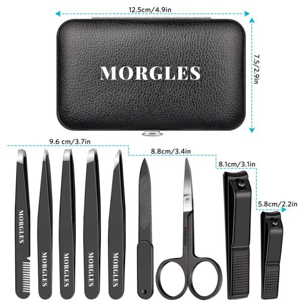 MORGLES Tweezers Set and Nail Clippers, 9 Pcs Stainless Steel Tweezers Kit for Men Professional Manicure Set for Men Grooming Kit with Leather Travel Case