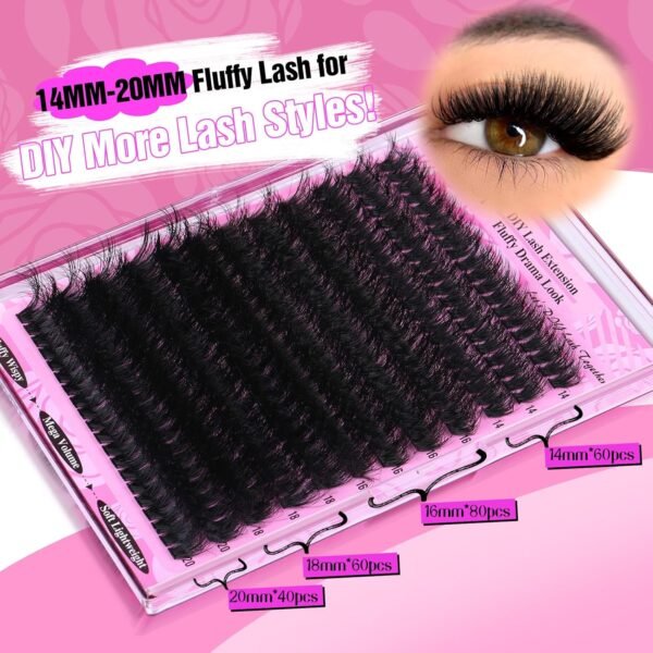 Yawamica Fluffy Lash Clusters Thick 200D Volume Eyelash Clusters 14-20mm Wispy Individual Lashes D Curly Cluster Eyelash Extensions 240pcs DIY Lash Extension for Beginners