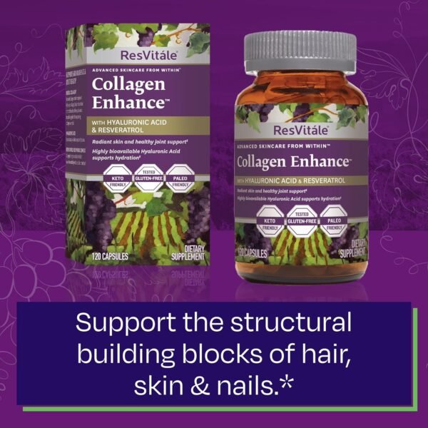 ResVitale Collagen Enhance - Beauty Supplement with Hyaluronic Acid & Resveratrol - 120 Capsules