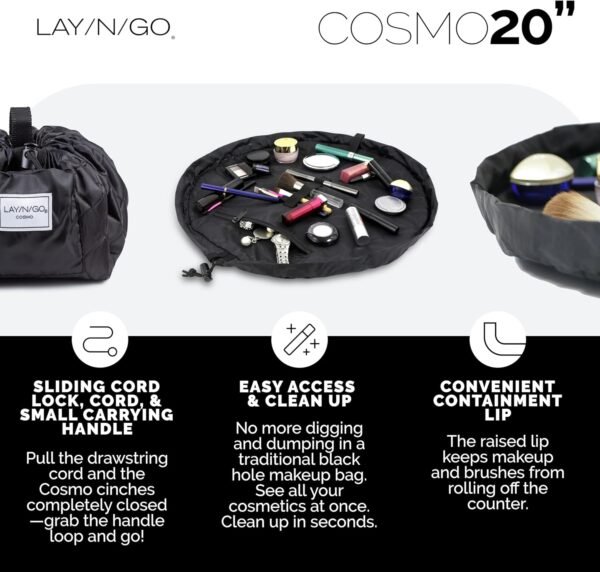 81qoHQh6wAL._AC_SL1500_.jpg Lay-n-Go Cosmo Drawstring Cosmetic & Makeup Bag Organizer - Portable Drawstring Bag w/Zipper Pocket, Makeup Loops & More - Durable, Machine Washable Toiletry Bag for Travel (20", Black)