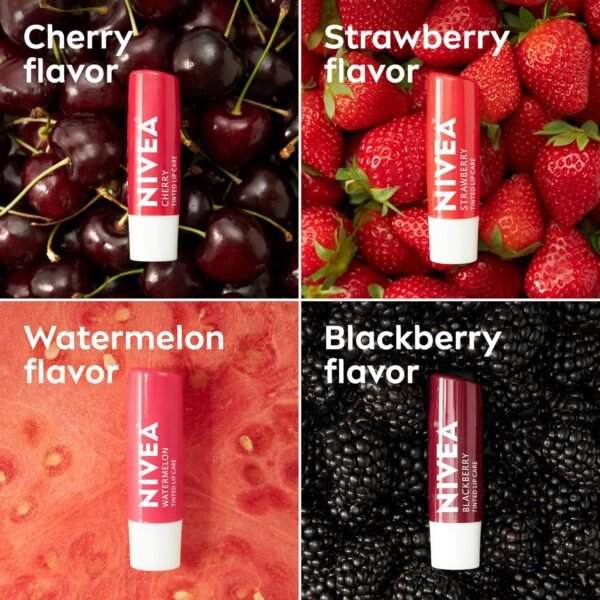 81r1CdJ-EtL._SL1500_.jpg NIVEA Lip Care, Fruity Tinted Lip Balm Variety Pack, Cherry, Strawberry, Blackberry and Watermelon Flavors, 3-in-1 Moisture, Repair and Color, 0.17 Oz Stick, Pack of 4