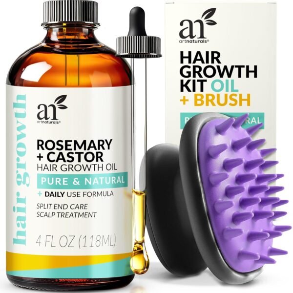 ArtNaturals Organic Rosemary & Castor Hair Growth Oil + Scalp Massager Set – Hair Styling Oils for Dry, Itchy Scalp, Thickening & Hydration - Scalp Oil Products For Damaged Hair & Split Ends – 4.0 oz