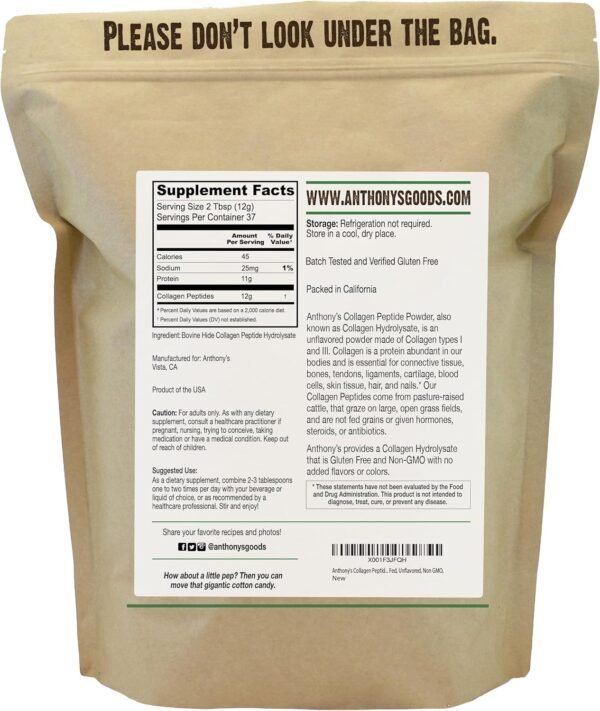 Anthony's Collagen Peptide Powder, 1 lb, Pure Hydrolyzed, Gluten Free, Keto and Paleo Friendly, Grass Fed, Unflavored, Non GMO