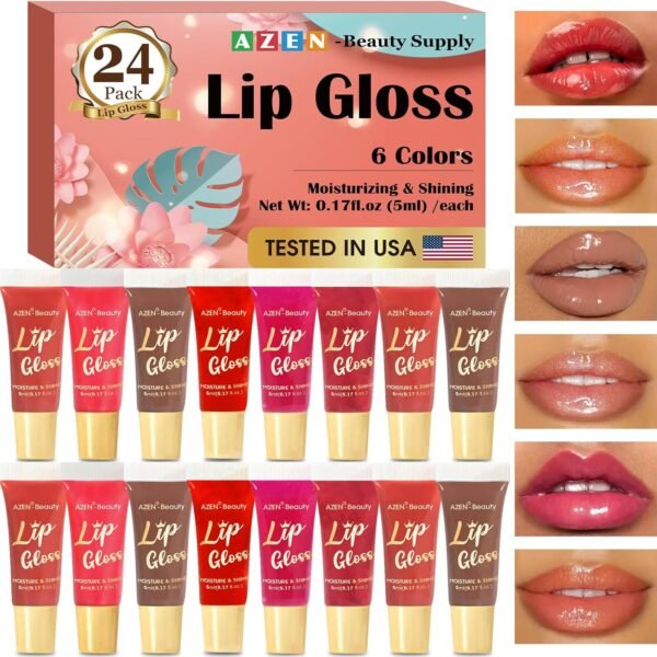 81ru3Qeg90L._SL1500_.jpg AZEN 24 Pack Lip Gloss Set, Color Lip Oil for Dry Cracked Lips Moisturizing Hydrating Nourishing with Vitamin E