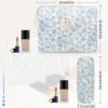 Floral Makeup Bag, Large Cosmetic Bag for Women Girls, Cute Cotton Make up Pouch, Quilted Makeup Bags, Flower Travel Toiletry Organizer Bag(Blue Floral)