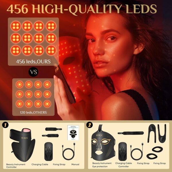 Red Light Therapy Mask Set, Five-Level Brightness Adjustment for Face and Neck, 630nm Infrared Light + 850nm Near-Infrared LED Therapy Phototherapy, Portable Mask with Power Storage, Black