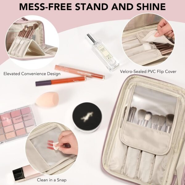 81scMoqFgDL._AC_SL1500_.jpg Travel Makeup Bag Women's Large Capacity Cosmetic Portable Organizer Large Opening Waterproof Storage Toiletry Bags Vertical Free-Standing Brush Holder for Easy Access Pink