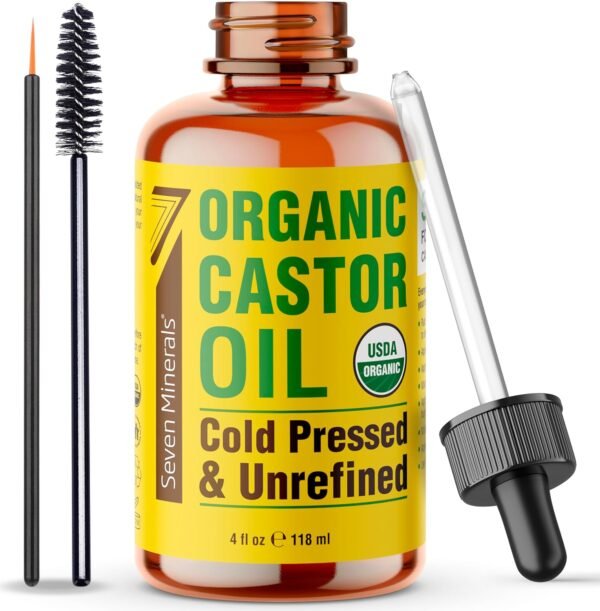 81sqB7xc7DL._SL1500_.jpg Seven Minerals 4oz Organic Castor Oil for Eyelashes, Eyebrows, Face & Hair Growth - Glass Bottle, Cold Pressed & Hexane Free - 100% Pure Castor Hydrates & Boosts Natural Hair, Lash & Brow Growth