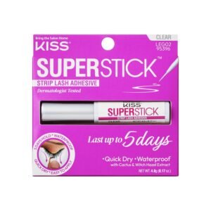 81t0pPyA0uL._SL1500_.jpg KISS Super Stick 5-Day Extended Wear Strip Lash Adhesive, Quick Drying Lash Glue, Witch Hazel & Cactus Extract Infused, Brush Applicator, Net Wt. 4.8g (0.17 oz.), Clear