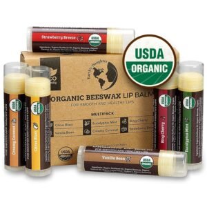 81tFxDDPx5L._SL1500_.jpg Earth's Daughter USDA Organic Lip Balm 6-Pack - Fruit Flavors, Beeswax, Coconut Oil, Vitamin E - Best Lip Repair Chapstick for Dry Cracked Lips - Moisturizing Lip Care