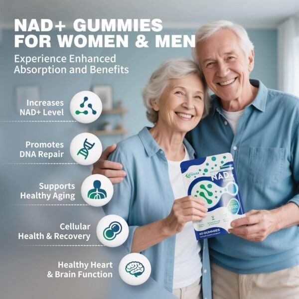NAD Gummies Sugar Free, NAD+ Supplement with Liposomal Nicotinamide Riboside, Resveratrol, Quercetin, NAD Supplement for Anti-Aging, Energy, Cellular Health, Blueberry Flavor, 60 Gummies