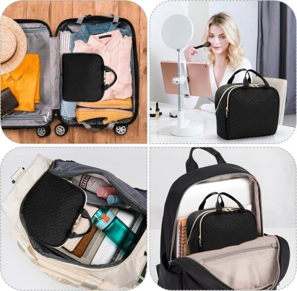 81uBLb8Kr7L._AC_SL1500_.jpg Makeup Bag, Large Capacity with Room for Brushes and Mirror, Travel Makeup Organizer, Portable Standing Make Up Case, Waterproof Cosmetic Toiletry Bags with Handle, Color Black