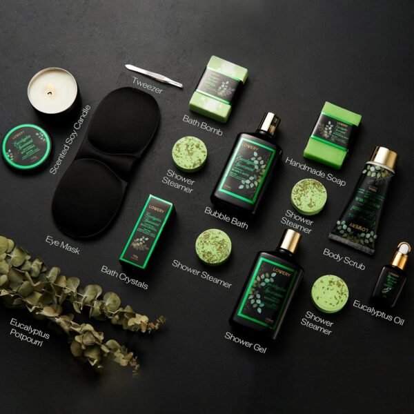 Eucalyptus Spearmint Bath Set, Home Spa Set with Natural Mint Fragrance, 17 Pcs Gift Basket, Eucalyptus Bath Oil, Shower Gel, Bubble Bath, Bath Crystal, Steamer Tablet & More, Best Birthday Gift