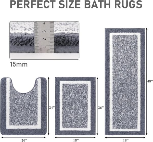 Pauwer Bathroom Rug Mat Set 3 Piece, Microfiber Shaggy Bath Set, Non-Slip Ultra Soft Carpet Mats, Absorbent with U-Shaped Toilet for Bathroom, Tub, Shower, Dark Grey