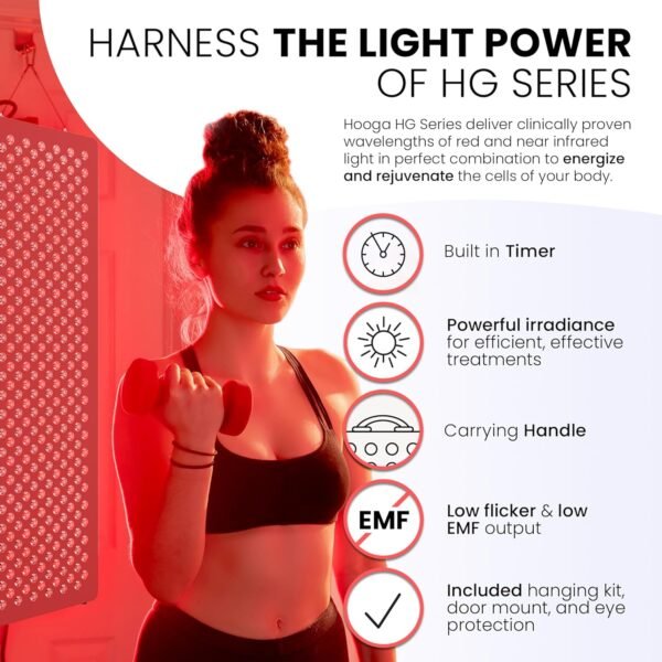 81v4ugYp6pL._AC_SL1500_.jpg Hooga Red Light Therapyfor Face & Body, 60 LEDs, 660nm Red 850nm Near Infrared with Timer for Pain Relief, Skin Health, Anti-Aging, Sleep, Energy & Recovery, Includes Hanging Kit & Handle - HG300