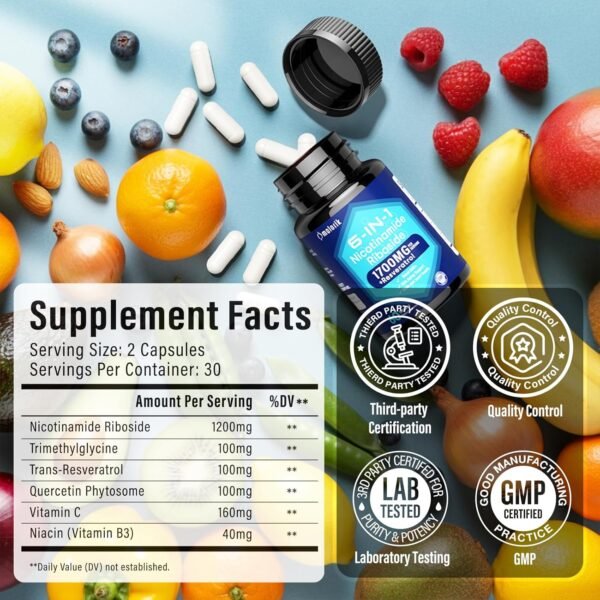 NAD+ Supplement, Nicotinamide Riboside 1700mg, with Trimethylglycine, Trans-Resveratrol, Vitamin C, Niacinm(B3), Supports Anti-Aging, Cell Repair, Healthy Skin, Vitality - 60 Capsules