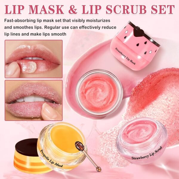 81wF8W8E9L._SL1500_.jpg 4PCS Lip Scrub and Mask Set,Strawberry and Honey Pot Lip Balm,Reduces Lip Lines Lip Exfoliator Scrub and Moisturizer,Repair Beebalm Lip Balm and Lip Scrub Set,Lip Mask Overnight