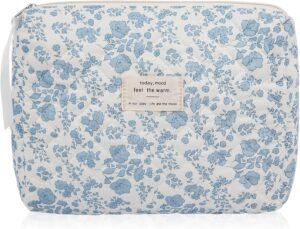 81w-Wp42Z9L._AC_SL1500_.jpg Floral Makeup Bag, Large Cosmetic Bag for Women Girls, Cute Cotton Make up Pouch, Quilted Makeup Bags, Flower Travel Toiletry Organizer Bag(Blue Floral)