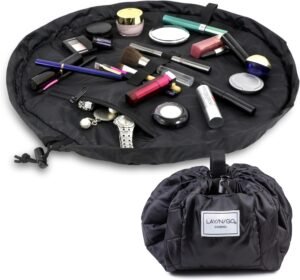 81wVnvcGFtL._AC_SL1500_.jpg Lay-n-Go Cosmo Drawstring Cosmetic & Makeup Bag Organizer - Portable Drawstring Bag w/Zipper Pocket, Makeup Loops & More - Durable, Machine Washable Toiletry Bag for Travel (20", Black)