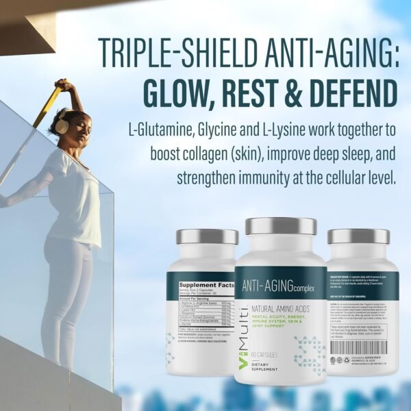 Vitmulti Anti-Aging Natural Amino Acids Supplement for Women & Men – Supports Immune Health, Energy, Smoother Skin Tone, & Restorative Sleep, Anti-Aging Supplement Pills for Longevity, 60 Capsules