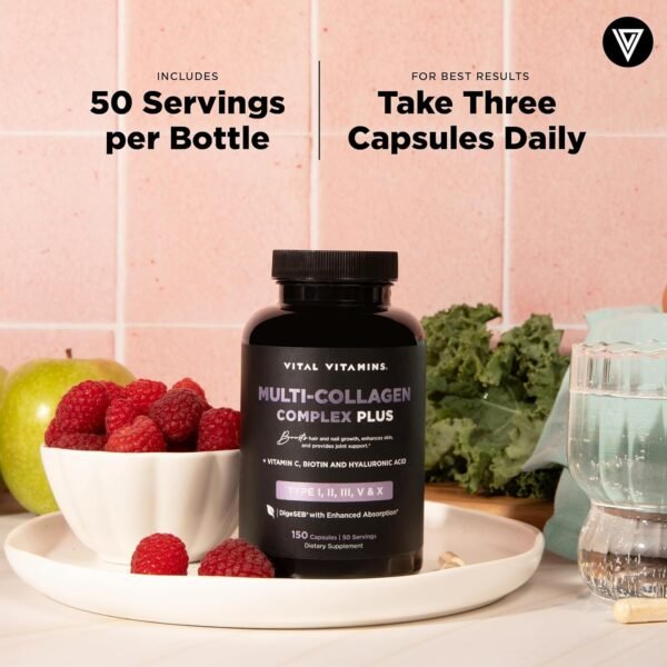 81xITHyILBL._AC_SL1500_.jpg Vital Vitamins Multi Collagen Complex Plus - with Biotin, Hyaluronic Acid, Vitamin C - Type I, II, III, V, X - for Women & Men - Hair, Skin, Nails Beauty Complex - 150 Capsules