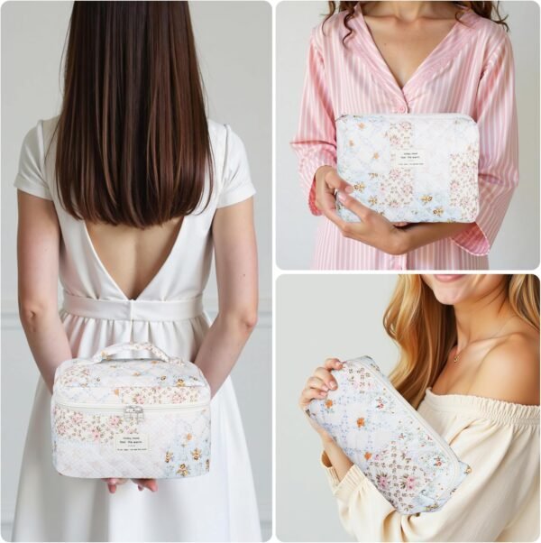 81xOJNRvP3L._AC_SL1500_.jpg Quilted Makeup Bag Set - 3 PCS Cute Floral Cotton Makeup Bag, Large Coquette Aesthetic Make up Cosmetic Bag, Flower Travel Toiletry Organizer Bags for Women Girls
