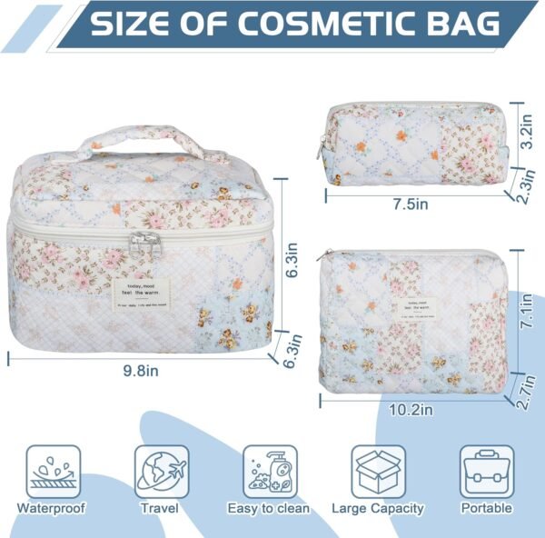 81xVvOZoBEL._AC_SL1500_.jpg Quilted Makeup Bag Set - 3 PCS Cute Floral Cotton Makeup Bag, Large Coquette Aesthetic Make up Cosmetic Bag, Flower Travel Toiletry Organizer Bags for Women Girls
