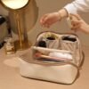 81xc-Wqqc0L._AC_SL1500_.jpg Prite Makeup Bag for Women Travel Waterproof Vegan Leather Cosmetic Bag Open Flat Toiletry Bag With Clear Divider and Handle (Beige)