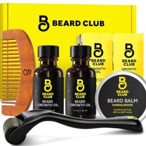 The Beard Club Enhanced Beard Growth Kit - Derma Roller, Beard Growth Oil (2PK), Sandalwood Beard Balm, Comb - Gift Set