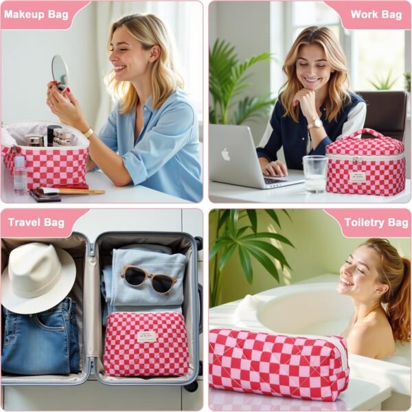 81y48pju0ML._AC_SL1500_.jpg Quilted Makeup Bag Set - 3 PCS Cute Floral Cotton Makeup Bag, Large Coquette Aesthetic Make up Cosmetic Bag, Flower Travel Toiletry Organizer Bags for Women Girls
