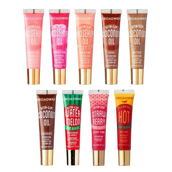 81ye4Fq7VfL._SL1500_.jpg Ruby Kisses Broadway Vita-Lip Tinted Lip Gloss (9 Pack) Ultra-Hydrating, Nourishing, Soothing Formula with Vitamins, High-Shine Non-Sticky Lip Balm with Rosehip+Coconut Oil, Pink, Red & Brown Shades