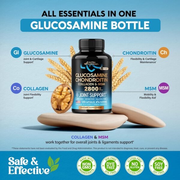 Glucosamine Chondroitin MSM Collagen | FSA HSA Eligible | Joint Support Supplement 2800 mg | Made in USA | FSA Approved Product Items | Flexibility Nutritional Vitamins | For Men & Women, 120 Capsules