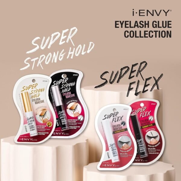 i•ENVY Super Strong Hold Eyelash Adhesive, Waterproof, 48-Hour Long-Lasting Lash Glue, Latex-Free, Hypoallergenic, Quick-Drying with Brush-On Applicator for Strip Lashes (Clear, 2 Pack)