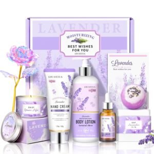 LUCOTIYA Lavender Spa Gift Set for Her,Hand Cream,Lavender Essential Oil,Body Butter ,Lavender Scented Candle,Bath Bombs,Soap