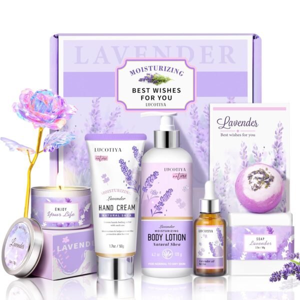 LUCOTIYA Lavender Spa Gift Set for Her,Hand Cream,Lavender Essential Oil,Body Butter ,Lavender Scented Candle,Bath Bombs,Soap
