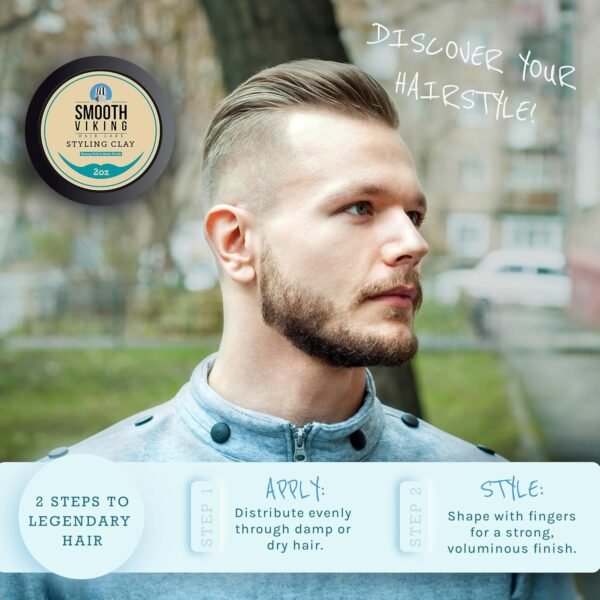 Smooth Viking Hair Clay for Men - Strong Hold, Hair Cream for Men, Clay Pomade for Men, Hair Paste for Men, Hair Styling Clay, Mens Hair Products, Hair Styling Products Matte Finish, Made in USA, 2oz