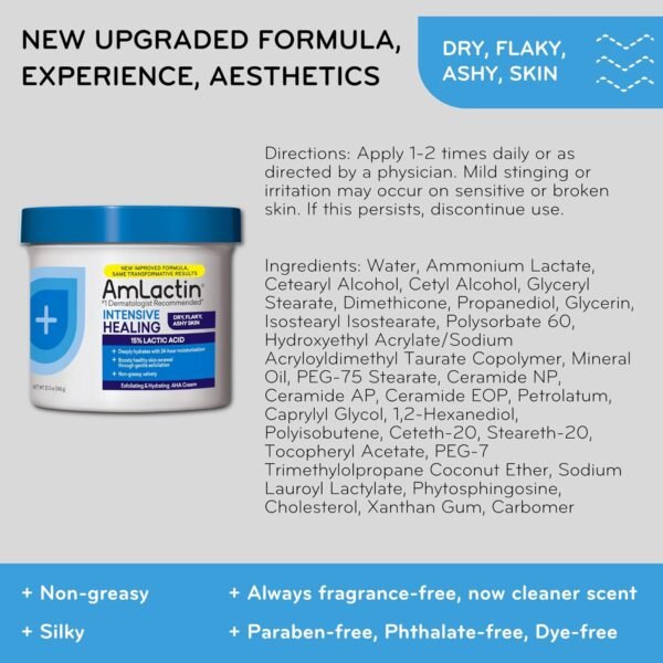 81zvmIF8KRL._SL1500_.jpg AmLactin Intensive Healing Body Cream, 12 oz Tub, 2-in-1 Exfoliator and Moisturizer for Dry Skin with 15% Lactic Acid and Ceramides for 24-Hour Moisturization