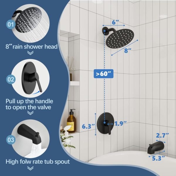Tub Shower Faucet, Matte Black Shower Faucet Set with 8-Inch All-Metal Rainfall Showerhead and Bathtub Spout, Single-Handle Tub Shower-Trim Kit Included Valve, Matte Black