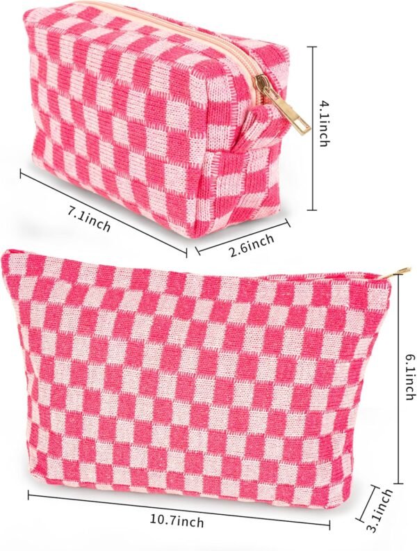 GUTGNK 2-Pack Makeup Bag For Women - Large Checkered Knitted Cosmetic Bags&Small Makeup Pouch Aesthetic Design Travel Toiletry Bag Skincare Bag Car Storage Bag With Zipper(Pink)