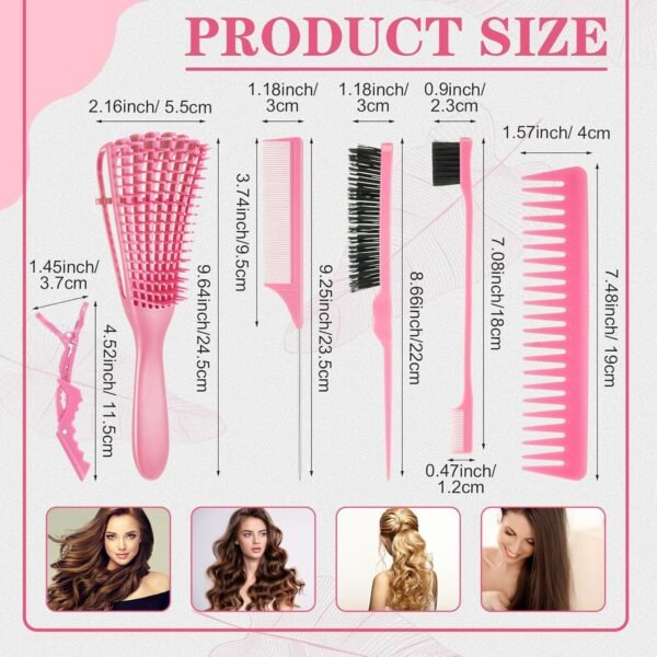 9142n8uPzOL._SL1500_.jpg Boao 10 Pcs Hair Styling Kit - Detangler, Wide Tooth Comb, Teasing Brush, Rat Tail Comb, Edge Brush, Alligator Clips for Curly, Wet Hair - Gift for Women & Girls (Pink)
