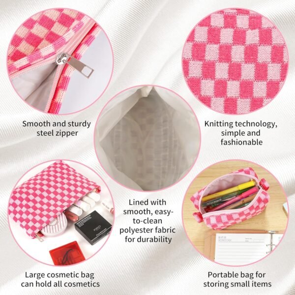 GUTGNK 2-Pack Makeup Bag For Women - Large Checkered Knitted Cosmetic Bags&Small Makeup Pouch Aesthetic Design Travel Toiletry Bag Skincare Bag Car Storage Bag With Zipper(Pink)
