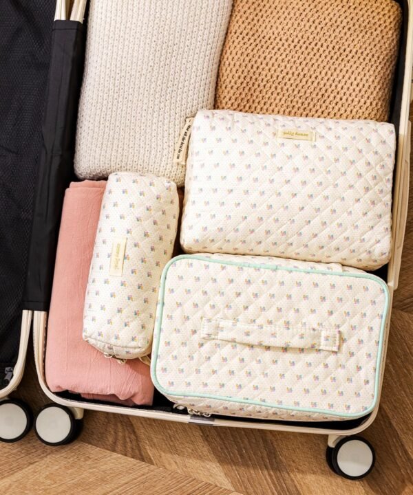 915oeZSb9PL._AC_SL1500_.jpg HBselect Quilted Makeup Bag, 3PCS Cotton Large Travel Makeup Bag, Cute Floral Coquette Make up Bag Cosmetic Bag Toiletry Bag for Women Girls