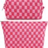 2 Pieces Makeup Bag Large Checkered Cosmetic Bag Capacity Canvas Mix Travel Toiletry Bag Organizer Cute Makeup Brushes Aesthetic Accessories Storage Bag for Women, Checkered Mix Rose Red
