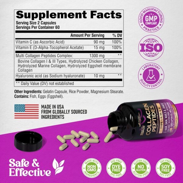 91Ey6-ozboL._AC_SL1500_.jpg Multi Collagen Peptides - Hydrolyzed Types I, II, III, V & X - Collagen Supplement for Women 1300mg - w/ Hyaluronic Acid, Vitamins C & E - Skin, Hair, Nails & Joint Support - Made in USA, 120 Capsules
