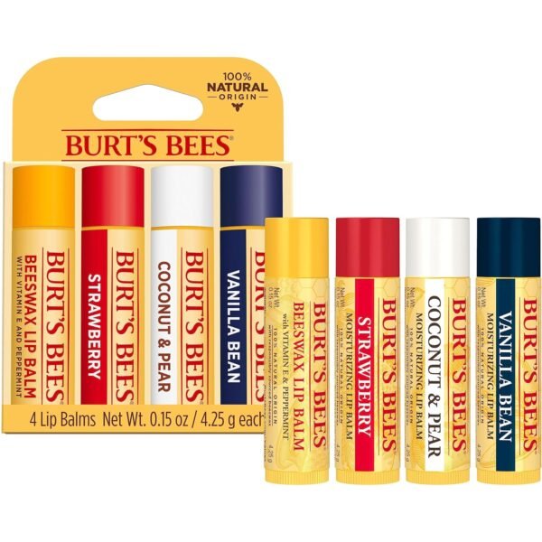 91G8jDlT7XL._SL1500_.jpg Burt's Bees Lip Balm, Beeswax, Strawberry, Coconut and Pear, and Vanilla Bean Pack, With Responsibly Sourced Beeswax, Tint-Free, Natural Lip Treatment, 4 Tubes, 0.15 oz.