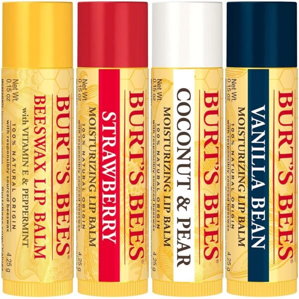 91IPJxYj0mL._SL1500_.jpg Burt's Bees Lip Balm, Beeswax, Strawberry, Coconut and Pear, and Vanilla Bean Pack, With Responsibly Sourced Beeswax, Tint-Free, Natural Lip Treatment, 4 Tubes, 0.15 oz.