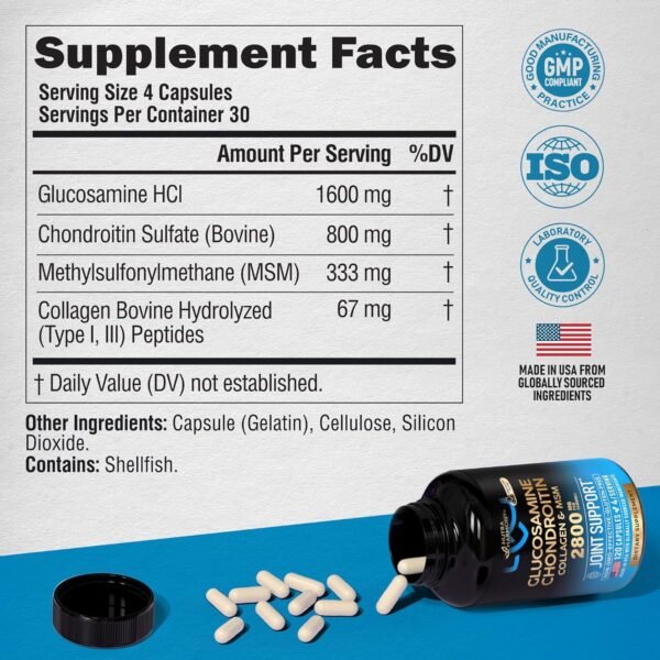 Glucosamine Chondroitin MSM Collagen | FSA HSA Eligible | Joint Support Supplement 2800 mg | Made in USA | FSA Approved Product Items | Flexibility Nutritional Vitamins | For Men & Women, 120 Capsules