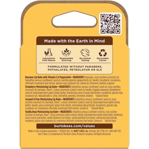 91QYEmDb4kL._SL1500_.jpg Burt's Bees Lip Balm, Beeswax, Strawberry, Coconut and Pear, and Vanilla Bean Pack, With Responsibly Sourced Beeswax, Tint-Free, Natural Lip Treatment, 4 Tubes, 0.15 oz.
